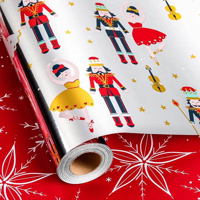 MAYPLUSS Christmas Wrapping Paper Roll - 17IN X 33FT - Nutcracker Gift Wrapping Paper Featuring Ballet Guitar Gold Star Reversible Snowflake for Kids, Holiday, New Year