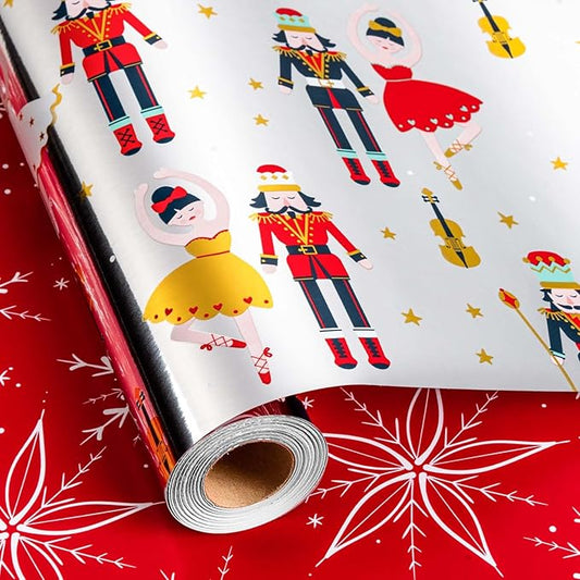 MAYPLUSS Christmas Wrapping Paper Roll - 17IN X 33FT - Nutcracker Gift Wrapping Paper Featuring Ballet Guitar Gold Star Reversible Snowflake for Kids, Holiday, New Year