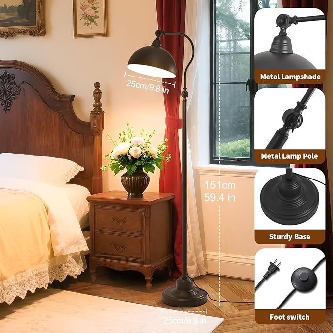 Bright LED Reading Floor Lamp with Remote and Bluetooth Dimming, Adjustable Brightness and Color temperature, Matte Black Iron Lampshade,Modern Rustic Vintage Living Room Bedroom Office Standing Lamp