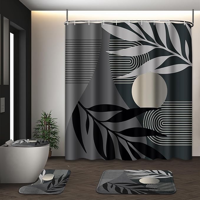 Boho Black and Grey Shower Curtain Set with Toilet Lid Cover and Non-Slip Rugs, Mid Century Modern Abstract Minimalist Leaves Neutral 4 Pcs Shower Curtain for Bathroom Set with 12 Hooks