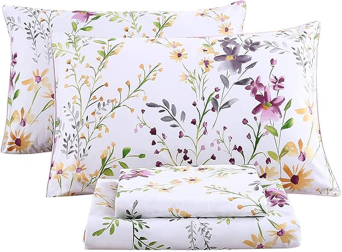 RYNGHIPY Cotton Floral Bed Sheet Set Queen Size Botanical Flowers Print Bedding Shabby Garden Floral Bed Sheets