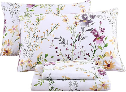 RYNGHIPY Cotton Floral Bed Sheet Set Full Size Botanical Flowers Print Bedding Shabby Garden Floral Bed Sheets