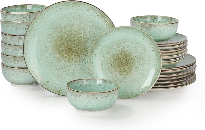 Sweejar 24 Piece Dinnerware Sets for 8, Porcelain Plates and Bowls Set for Kitchen, Housewaring Gift, Chip and Scratch Resistant, Easy Cleaning Dishes Set, Stack Compactly Dishware, Green
