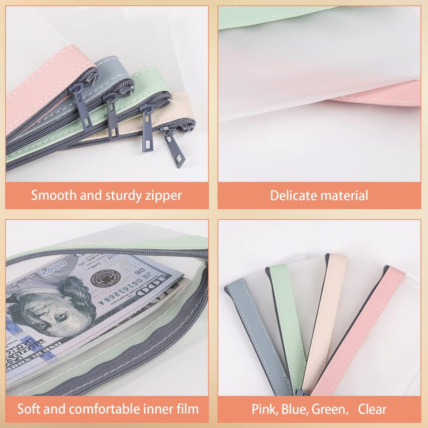 VOCHIC 4-Piece Money Bag Set - Multi-Purpose Zipper Envelopes for Cash, Coins & Bills | 7.6 x 3.7 Inch