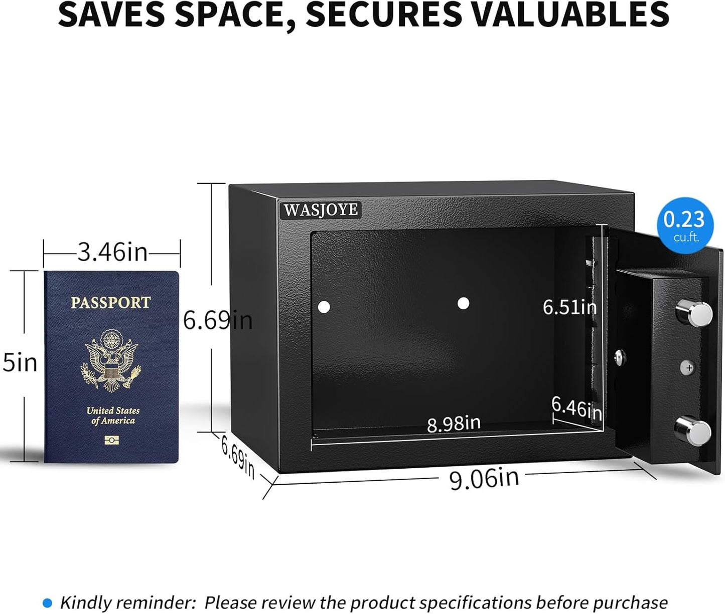 WASJOYE Small Home Safe Box - High-Security Key Lock Steel Safe | 0.23 Cubic Feet for Cash, Jewelry, and Documents