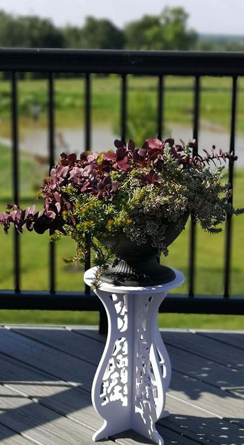 Beautiful White PVC Board Flower Plant and Vase Stand Display with Intricate Carvings and Gold Ornate Floral Nonslip Mat, Waterproof for Indoor and Outdoor Use (16.5" H x 10" W)