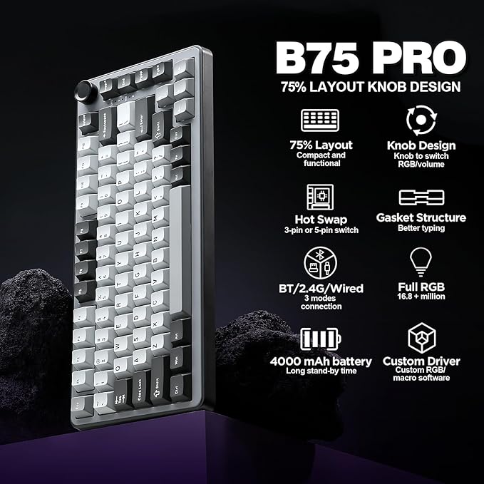 YUNZII B75 PRO Wireless Mechanical Keyboard,75% Layout with Knob,Hot Swap Gasket Structure,Creamy Pre-lubed Switches,RGB Backlit,Bluetooth/Type-C/2.4G for Win/Mac (Dark Grey, Milk Switch)