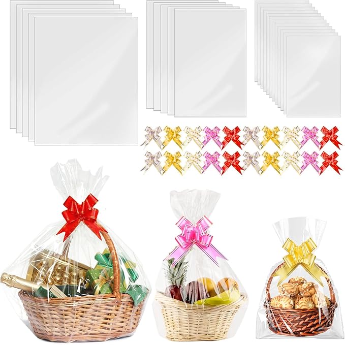 Ohuimrt 50Pcs Cellophane Bags 3 Sizes Cellophane Wrap for Gift Baskets 24x30 16x24 12x18 Large Clear Plastic Packaging Bags with 50 Pull Bows for Christmas Gift Wrapping