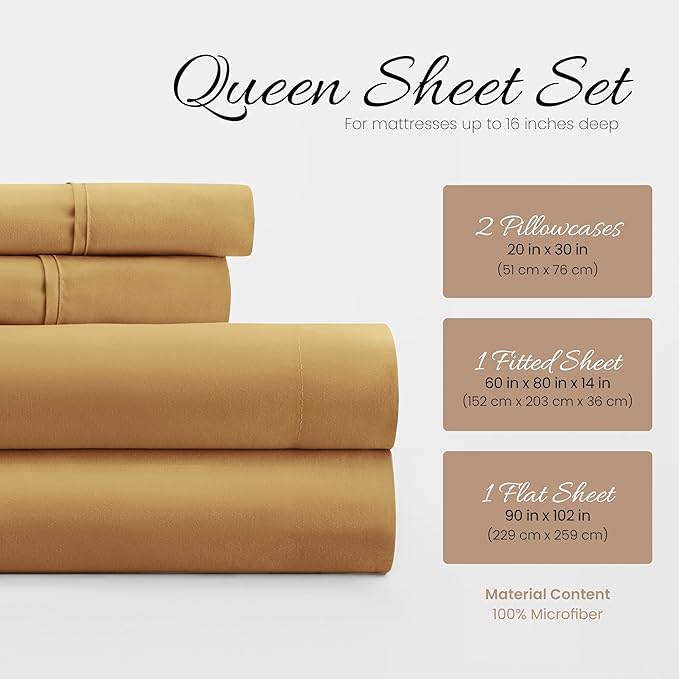 Linen Market Brushed Microfiber Twin XL Sheet Set 3 Piece – Oeko-TEX Certified Ultra Soft & Wrinkle-Free - 16" Deep Pocket Sheets - Easy Care Twin XL Size - Gold