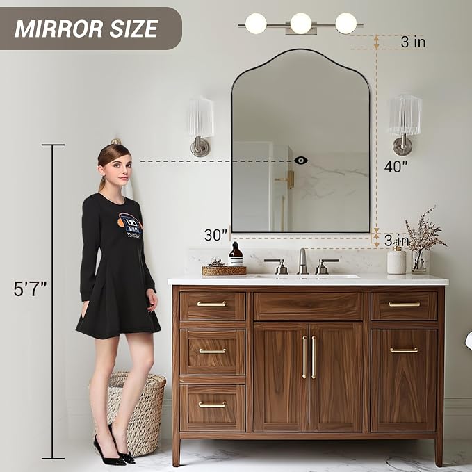 ANDY STAR Scalloped Arched Mirror, 30x40 Polished Chrome Irregular Bathroom Mirror for Vanity, Asymmetrical Curved Top with Rustproof Stainless Steel Frame, for Entryway, Bedroom, Mantel, Fireplace