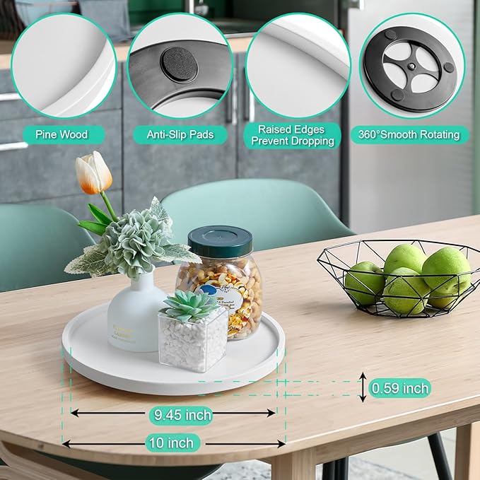 10" Wood Lazy Susan Turntable Organizer, Lazy Susan for Table Top Cabinet Dining Pantry Countertop Cupboard Organization, Decorative Tray for Kitchen Bathroom Decor Coffee Bar Accessories, White