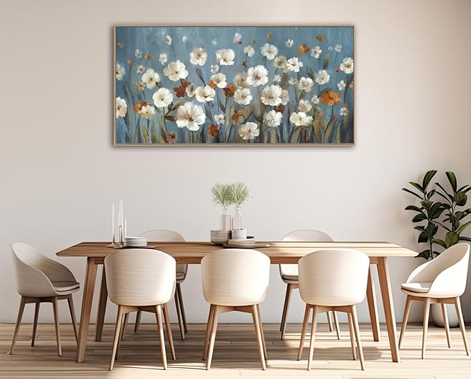 VEAEE Wildflowers Canvas Wall Art, Daisy Flowers Canvas Pictures,Abstract Orange White Floral Blossom Landscape Painting for Living Room Bedroom Kitchen Dining Room Home Office Decor 29"x58"