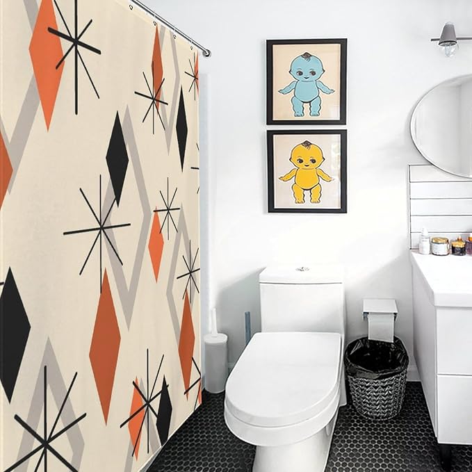 Geometric Modern Shower Curtain for Bathroom, Orange Mid Century Atomic Abstract Pattern 1950s 1960s Retro Vintage Style Waterproof Fabric Shower Curtain Set with Hooks, 72"x84" Inch
