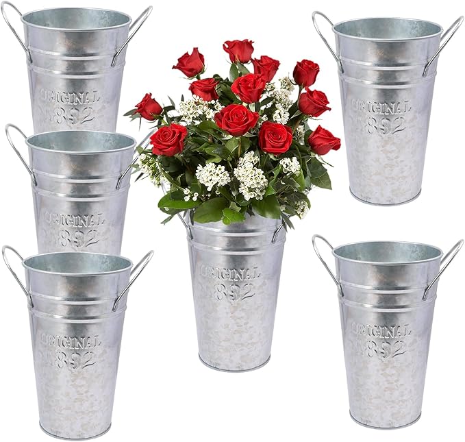 6 Packs 8 Inch Tall Galvanized Metal Flower Vases with Handles, Metal Flower Buckets for Cut Flowers, Country Wedding, Table Centerpiece Decorations(Sliver)