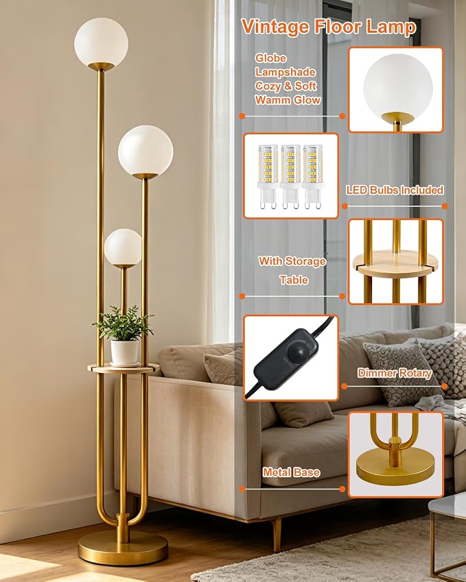 63IN Dimmable Floor Lamp with Shelf, Unique Globe Gold Tall Standing Lamps, 3000K Warmwhite Mid Century Modern Floor Lamp with 5Lbs Heavy Base for Living Room Home Office(Bulbs Included)