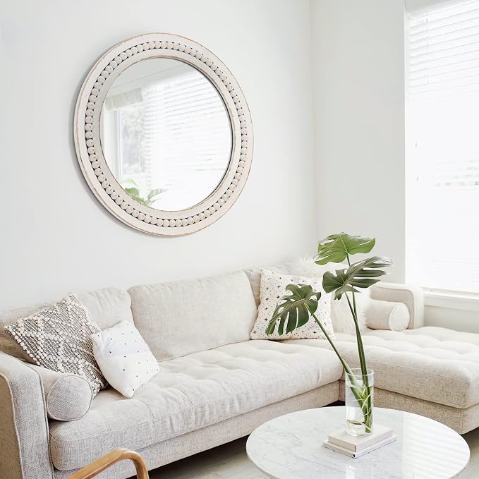 H HOMEWINS Rustic Round Mirror, 24" Wooden Circle Mirrors,Farmhouse Wall-Mounted White Beads Decor Mirror for Bedroom, Bathroom, Living Room,Vanity