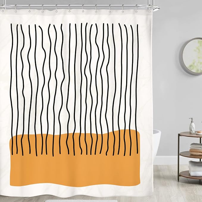 Riyidecor Abstract Mid Century Shower Curtain Modern Minimalist Vertical Stripe and Orange Block 60Wx72H Inch Black Line Colorful Art Painting Fabric Decor Bathroom Polyester Waterproof 12 Pack Hooks