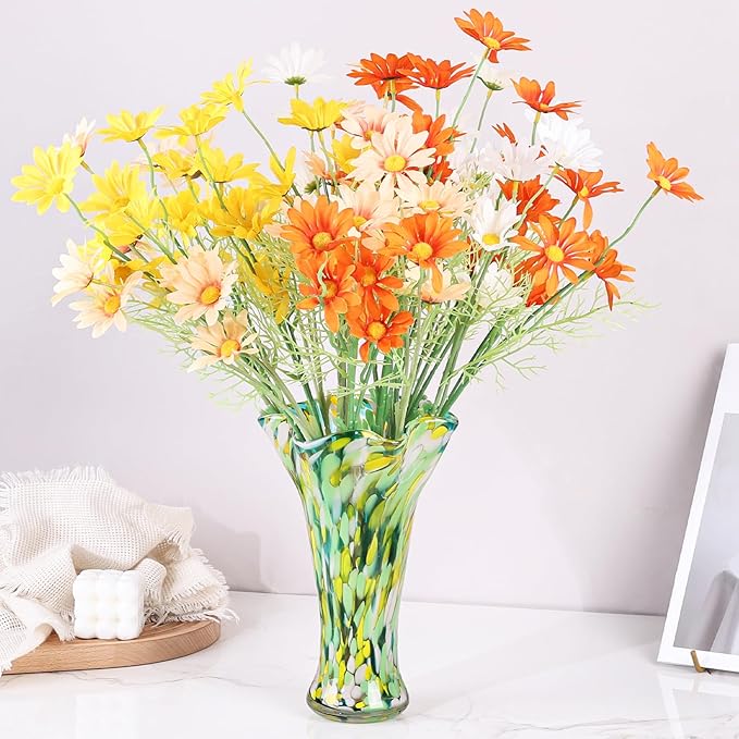 9.0"H Green Glass Vases for Flowers, Unique Hand Blown Glass Vase Green Gold Home Decor, Wide Mouth Colorful Flower Vase Centerpieces, For Living Room Table Bookshelf, Bathroom Office Shelf Decorative