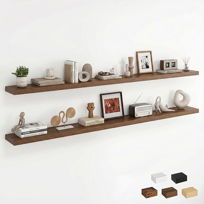 Dreamland 72Inch Floating Shelves for Wall, Rustic Wooden Walnut Floating Shelves for Living Room, Kitchen, Farmhouse, Deep Wall Mounted Book Shelf, Wood Storage Display Shelf for Home Decor, Set of 2