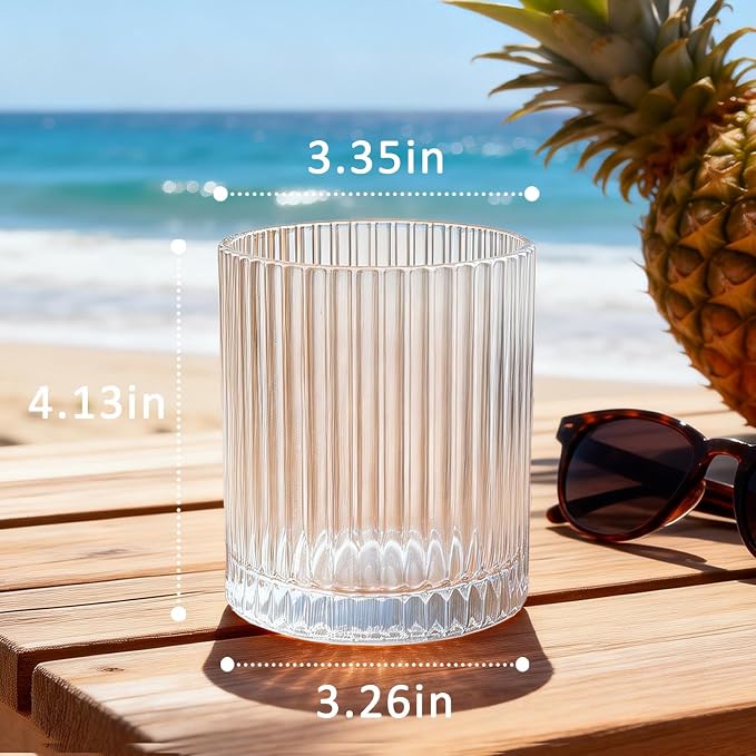 XKXKKE 14 oz Ribbed Drinking Glasses Set of 6, High Clear Vintage Iced Coffee Cups Elegant Glassware, Highball Glass Cups Ridged Glass Tumbler for Cocktail, Whiskey, Beer, Water, Juice, Origami Style