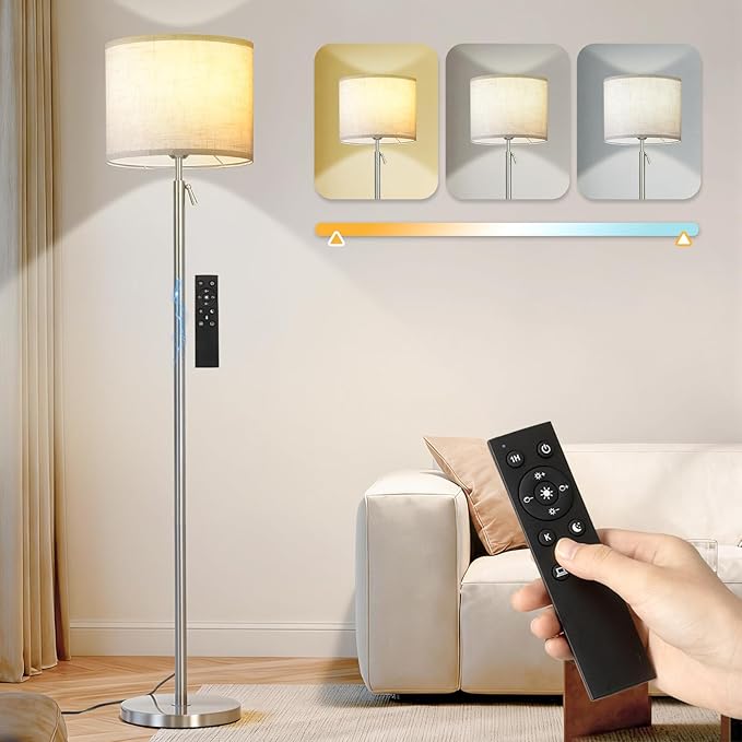 Modern Floor Lamp for Living Room and Bedroom- 55"-67" Height Adjustable Standing Lamps with Dimmable LED Bulb and Remote Control-Bright Tall Stand Light with Shade for Corner Lighting （Silver）