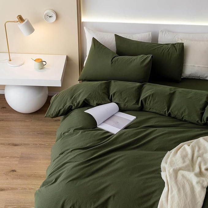 JIYUAN 100% Washed Cotton Duvet Cover Set 3 Pieces Cal King, 1 Duvet Cover 104x98 Inches(Comforter Not Included) and 2 Pillowcases,Linen Feel Bedding Set Comfy and Breathable,Olive Green