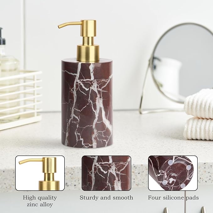 Natural Marble Soap Dispenser for Bathroom and Kitchen Countertop - 5.41 Ounces Hand Lotion and Liquid Stone Shampoo Laundry Bottle with Pump (1, Rosso Lepanto, Cylindrical Bottle)