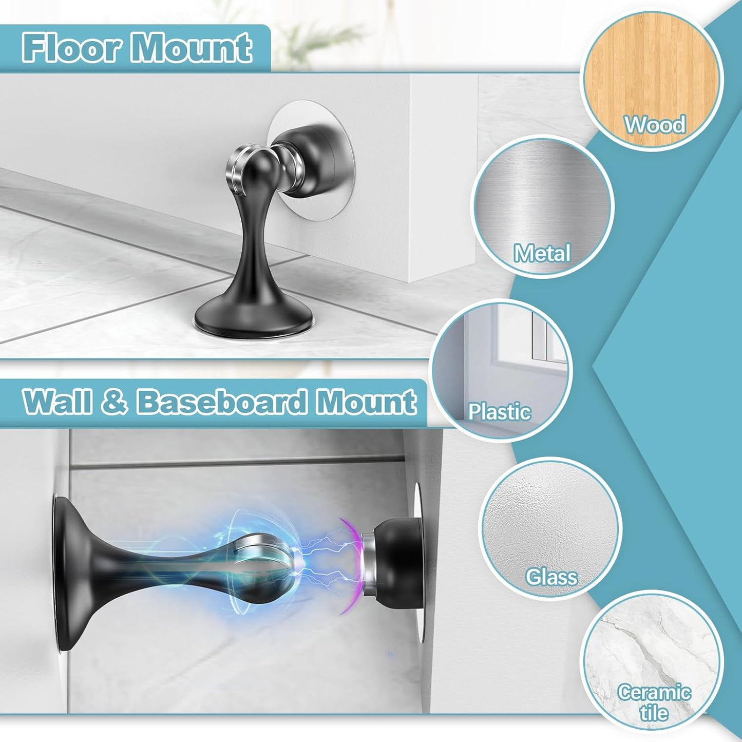 Skiennix Magnetic Door Stoppers - Stainless Steel Wall & Floor Mounting | No Drilling, 2 Pack, Black