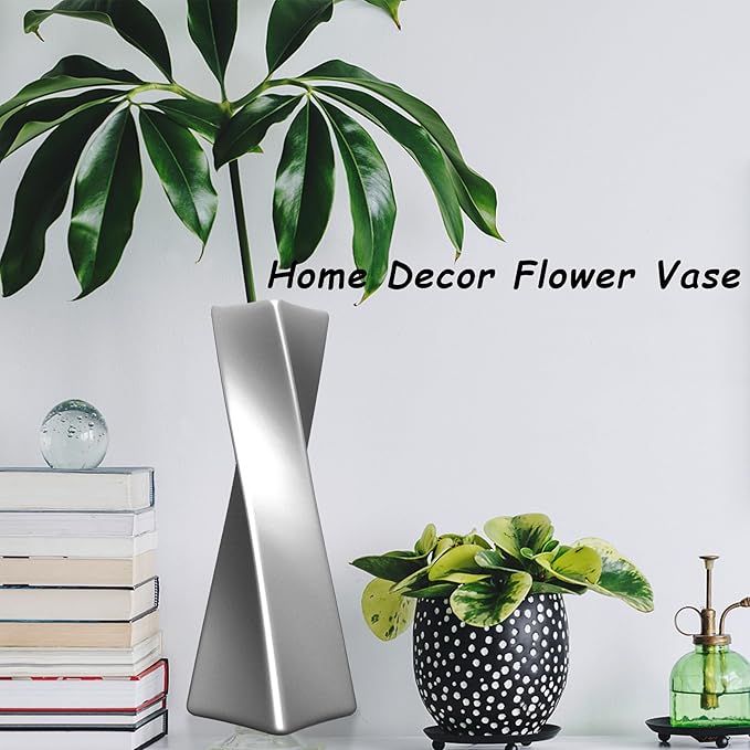 Silver Ceramic Geometric Vase, 11.8" H, Modern Decorative Vase for Home Decor