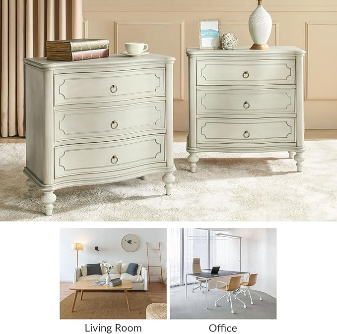 HULALA HOME Traditional Side Tables with 3 Drawers, Tall Side Table with Curved Front Profle Desgin, Charging Station, Solid Wood Legs, Set of 2, White