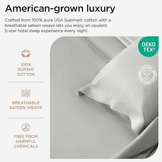 Threadmill Supima Cotton Sheets, 1200 Thread Count Soft 100% Cotton Sheets for Cal King Size Bed, 4 Pc Light Grey Cal King Bed Sheet Set, 5-Star Hotel Quality with Elasticized Deep Pocket King Sheet