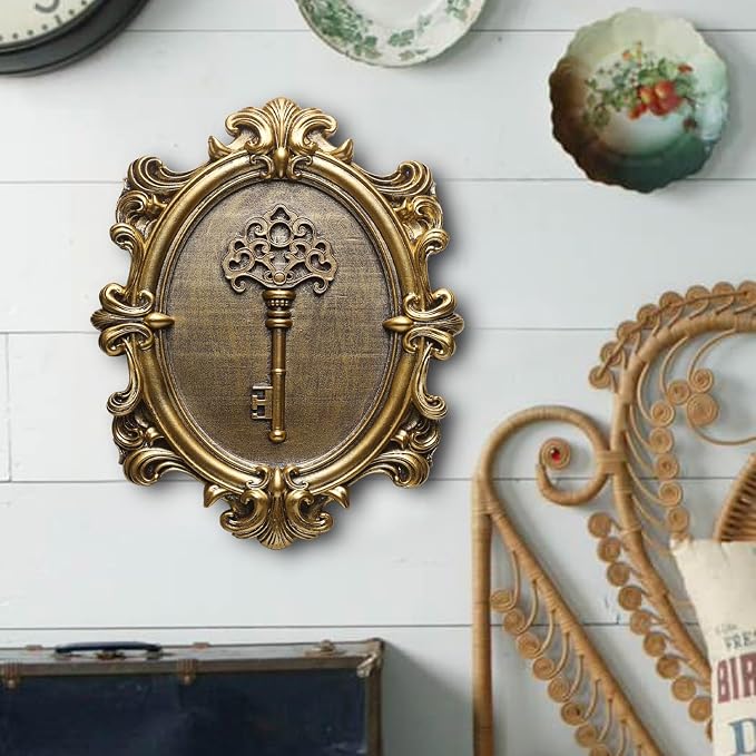 Vintage Key Wall Sculptures 2 Pack Antique Wall Decor Hallway Wall Art for Home Hand Painted Decoration with Embossed Key Design Vintage Decor for Living Room Bedroom Gallery Unique Gifts (Gold keys)