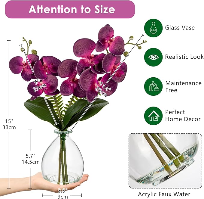 Oairse Purple Orchids Artificial Flowers, Faux Orchid in Glass Vase Real Touch Small Phalaenopsis Orchid Flowers Arrangements with Clear Vase Orchids Centerpiece for Dining Room Table