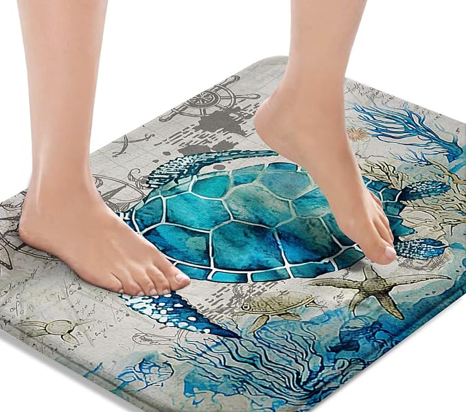 Britimes Bath Mat for Bathroom, Blue Turtle Washable Cover Floor Rug Carpets Floor Mat Bathroom Decorations 18x30 Inches for Kitchen Bedroom Indoor