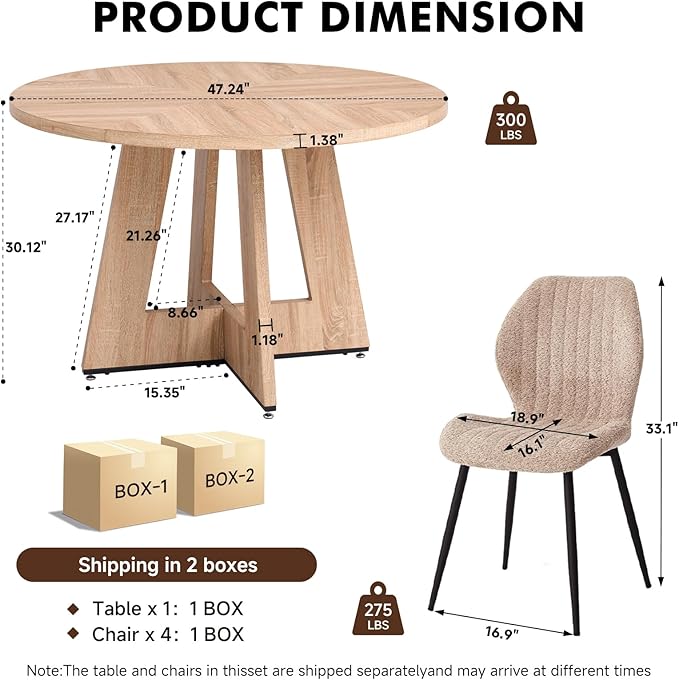 Round Dining Table Set for 4 with Chairs Kitchen Table and Chairs Set Dining Room Table Set Mid-Century Modern Chair with Metal Leg for Apartment Living Room(Natural Table With 4 Brown Chairs)
