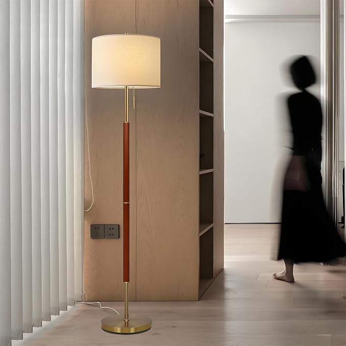 62" Walnut Gold Floor Lamp for Living Room, 1200LM 3-Way Dimmable Mid Century Modern Floor Lamp for Bedroom Office, Wood Vintage Standing Lamp Linen Shade, LED Bulb Included