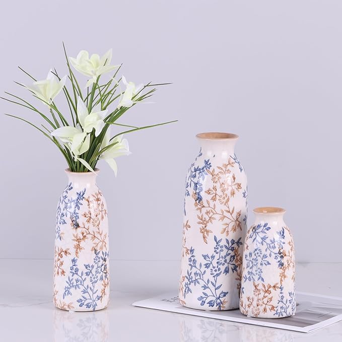 Ceramic Vase Set of 3, Blue and Beige Vintage Floral Glazed Vases for Home Decor, French Country Rustic Farmhouse Style Flower Vases, Grandmillennial Table Centerpiece for Living Room or Kitchen