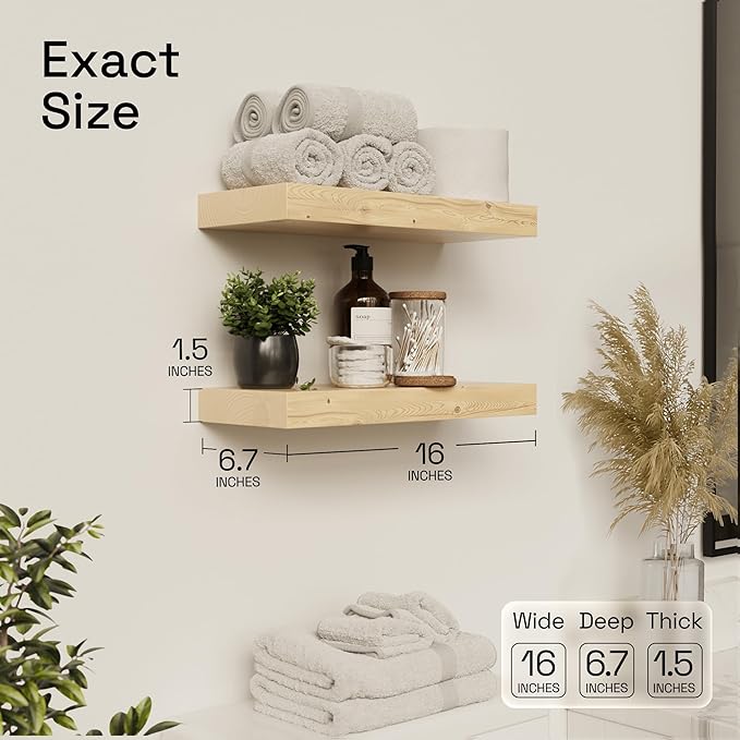BAOBAB WORKSHOP Wood Floating Shelves for Bathroom Wall, Rustic Shelf 16 inch, Floating Wooden Shelves for Bedroom Kitchen Living Room, Natural Wood Shelves, 16 x 6.7 Inch, Set of 2