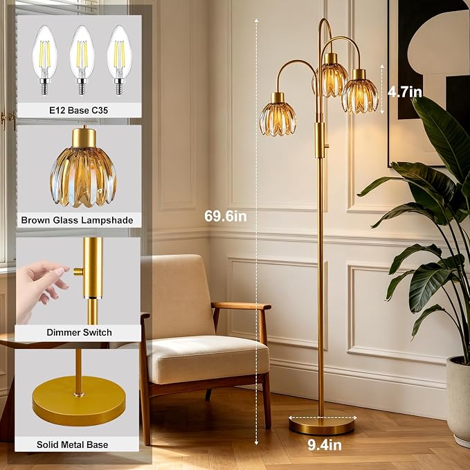 3-Light Glass Floor Lamp, 70" Gold Dimmable Standing Tall Lamp with Amber Ribbed Glass Shades &3PCS 3000K Warm White Bulbs, Modern Tree Pole Lamp for Living Room Bedroom Home Office Corner Decor