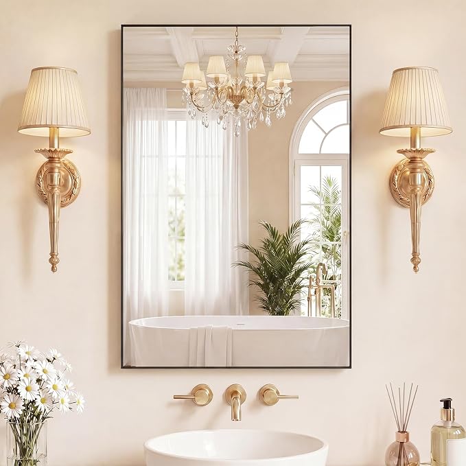 Sweetcrispy Bathroom Mirrors for Over Sink, 24" x 36" Rectangle Wall Mount Mirror with Metal Frame, Modern Vanity Mirror with Tempered Glass, for Home Decor, Anti-Rust, Black