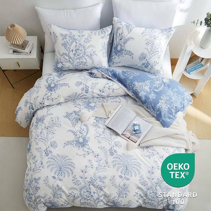 Nayoroom Floral Duvet Cover Set Queen Size Cottagecore White Blue Flower Leaf Comforter Cover 3Pcs Soft Breathable Microfiber Pastoral Garden Aesthetic Bedding Set with Zipper Closure