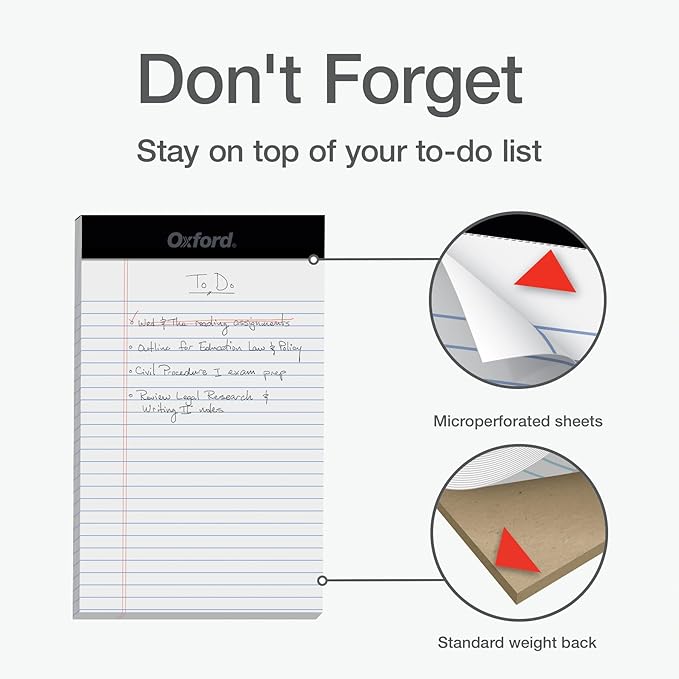 Oxford 5 x 8 Inch Legal Pads, 3 Pack, Narrow Ruled on Both Sides, White Lined Paper, 50 Perforated Sheets Per Writing Pad, Proudly Made in the USA (1017034)