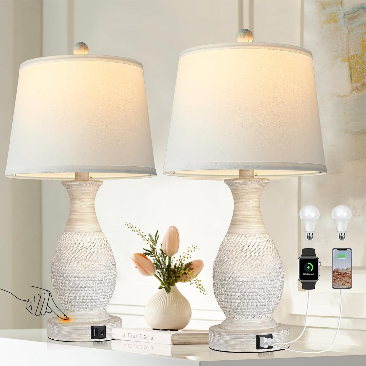 Table Lamps Set of 2, Bedside Touch Lamp with USB C+A Charging Ports, Side Table Lamp with White Fabric Shade (LED Bulbs Included)