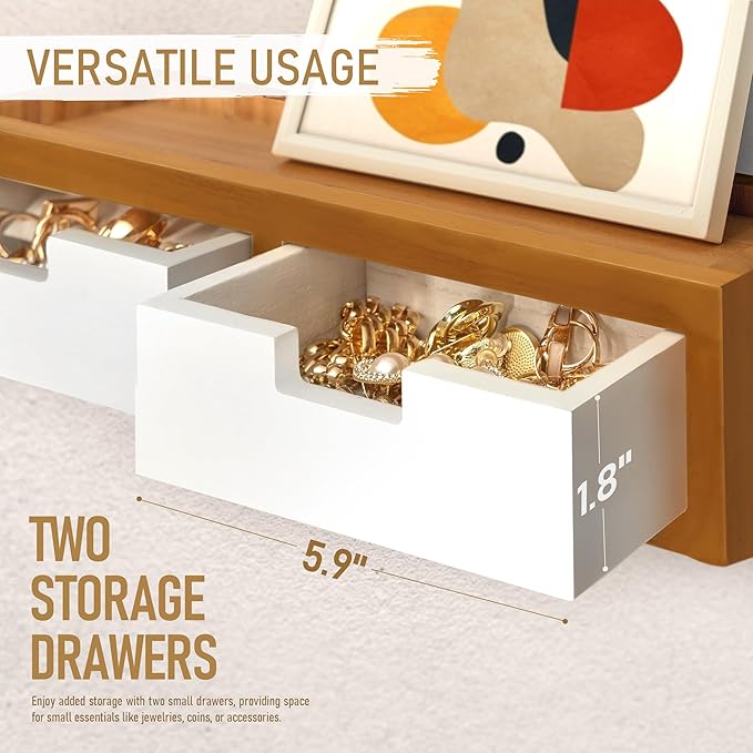 Rebee Vision Modern Farmhouse Key Holder Wall Mount with 2 Drawer Organizer : Mail Organizer with 6 Key Hooks and Wall Shelf - Home Organization for Room Decor (Light Brown & White)