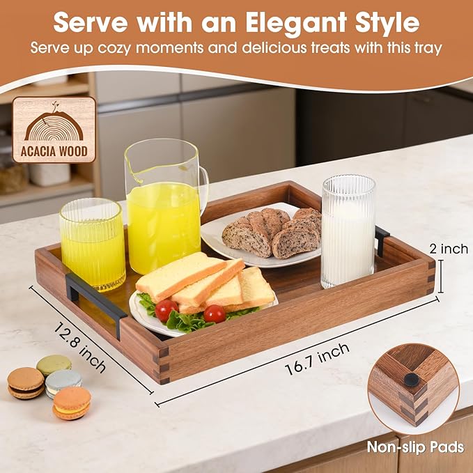 Large Ottoman Tray for Living Room and Coffee Table, Decorative Acacia Wood Serving Tray with Metal Handles for Breakfast in Bed, Dinner Food Kitchen TV (Natural, 17" x 13" x 2")