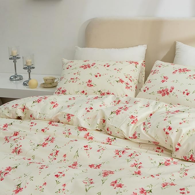 Comforter Set King Floral Soft Bedding Comforter 3 Pieces Lightweight Garden Style Red Flower Print Botanical Flowers Comforter Set 1 Comforter and 2 Pillowcases (Floral, King)
