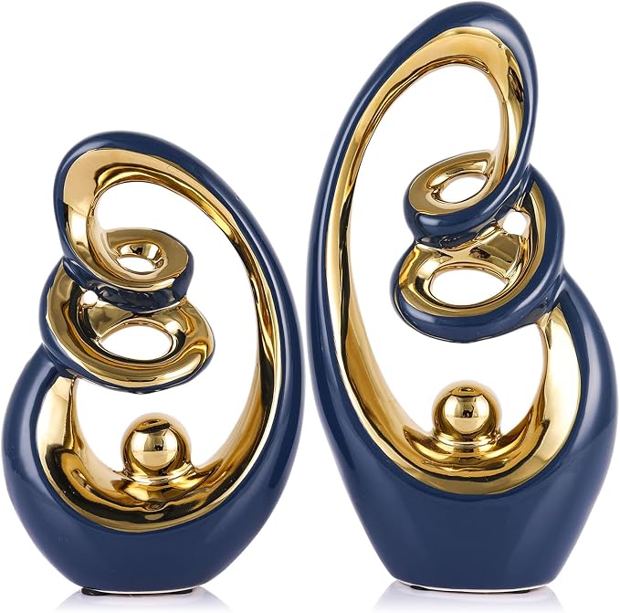 Blue Gold Ceramic Abstract Sculpture, Modern Art Deco Statues With Gold Accents For Home, Tv Stand Decor Centerpieces