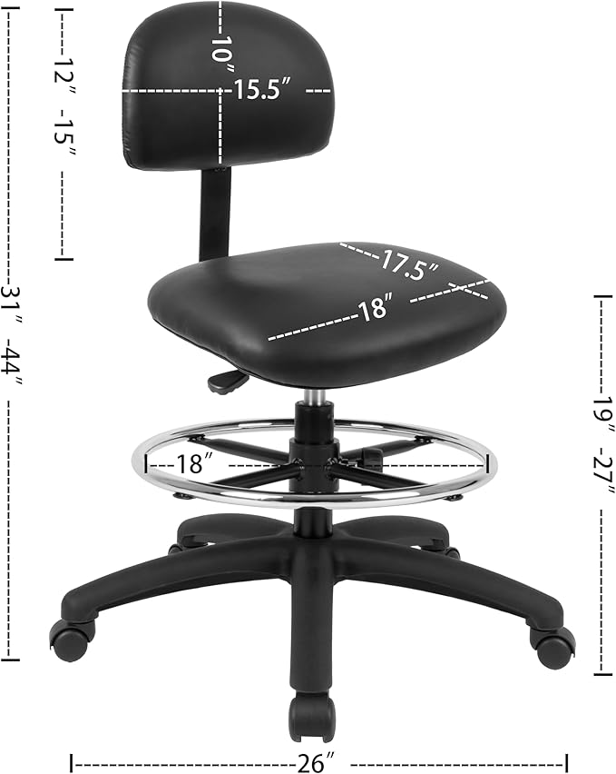 Chair Master FSS Series Square seat Mid (19"-27") seat Height Chair. Vinyl-for Office, Garage, Desk, Shop, Computer, Doctor, Medical, Easy to Clean! 18" Footring (Black, Mid Stool, _Standard Casters)
