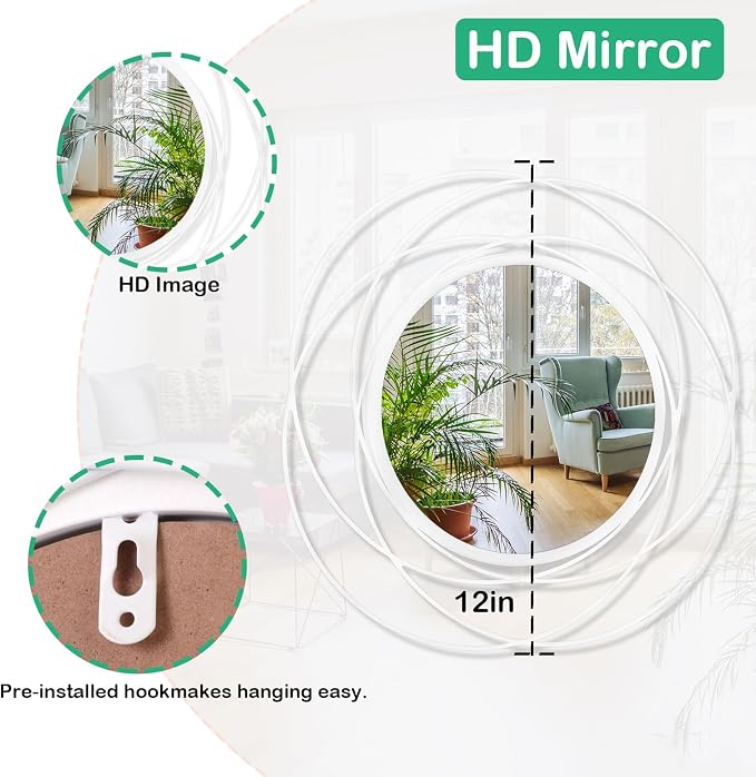 3 Pack Circle Mirror Wall Decorative Metal Wall Mirror, Art Small Round Wall Home Mirror, Decor Living Room Bedroom Bathroom Entryway 12" White