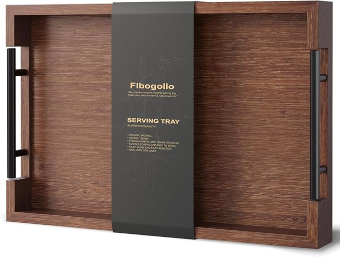 Fibogollo Bamboo Serving Tray with Metal Handles,15x10in Ottoman Decorative Trays Platter for Coffee Table,Living Room,Bar,Party,Medium(Brown)